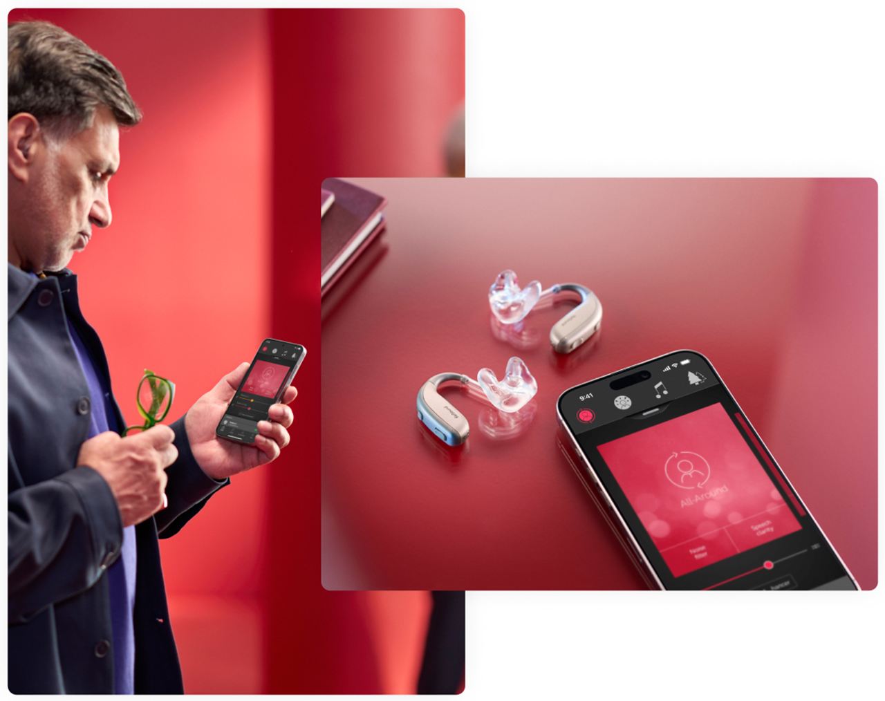 A person wearing the ReSound Enzo IA hearing aids connects to the Auracast Assistant on his phone.