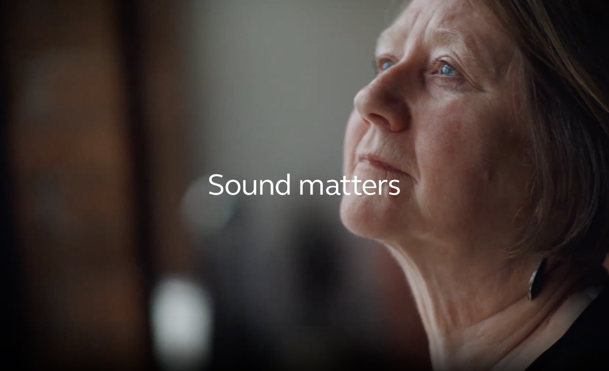 Woman in profile with text overlay reading Sound matters