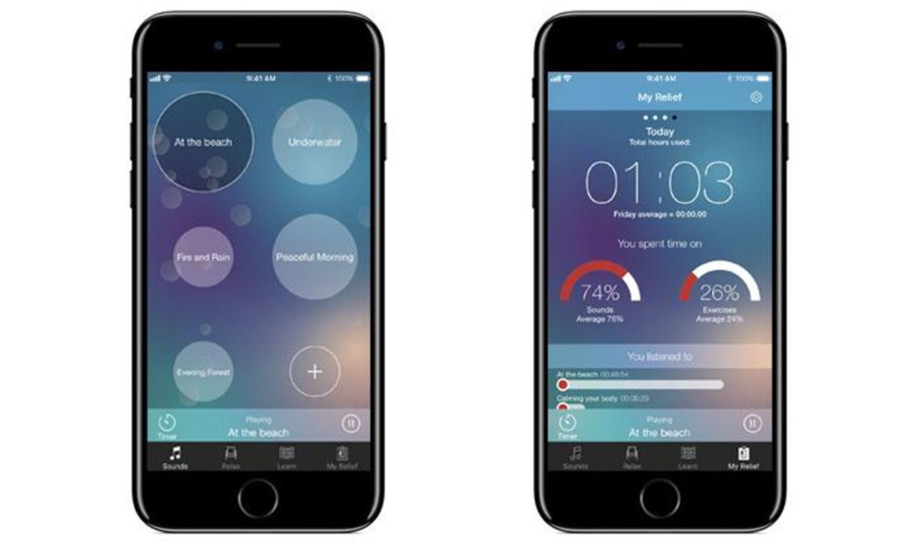 Schermate dell'app ReSound Relief: schema di colori e paesaggio sonoro personalizzato.